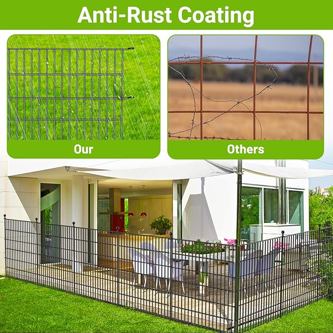 10 Panels No Dig Decorative Outdoor Garden Fence for Yard, 24 in(H) X 20 ft(L) Animal Barrier Fencing Rustproof Metal Wire Panel Border for Dog, Rabbits, and Patio Temporary Ground Stakes