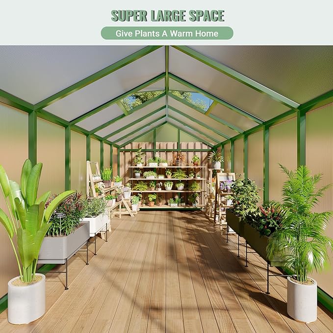 Greenhouse, 8x12 Ft Outdoor Greenhouses, Accessible Green House with Roof Vents and Sliding Doors, Aluminum Frame Polycarbonate Greenhouses, Large Greenhouse for Outdoor Gardens and Backyards, Green