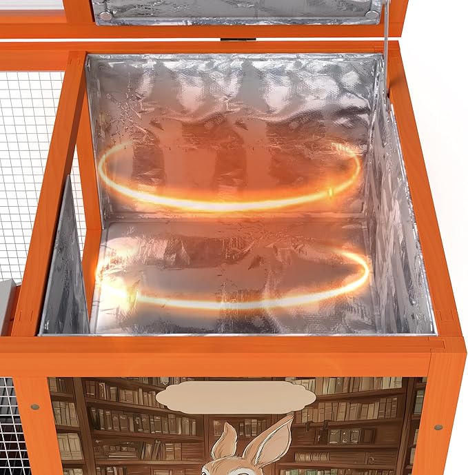 COZIWOW 36.5-Inch Double-Decker Wooden Insulated Rabbit Hutch with Wheels, Heated Rabbit Cage Featuring A Cleaning Tray and Ladder—Stylish&Easy to Assemble（Orange and Warm）