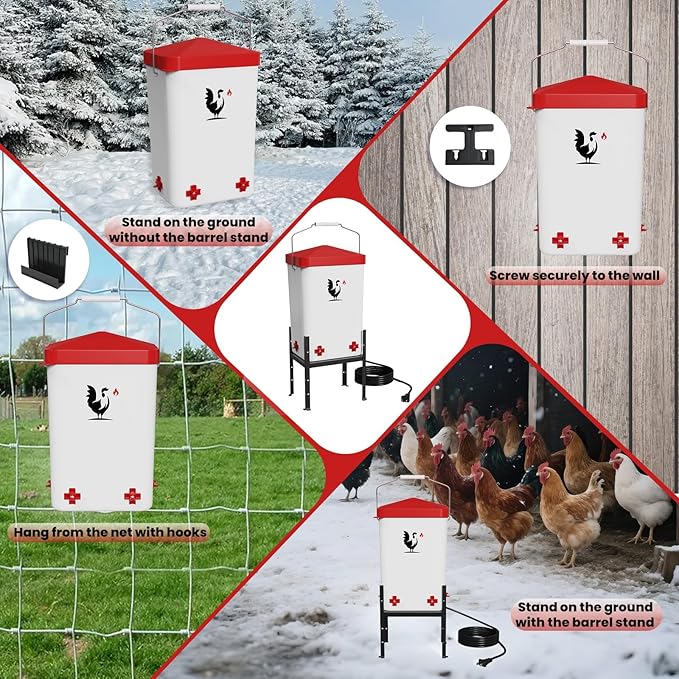 Heated Chicken Waterer, 3.2 Gallon Chickens Poultry Waterer with Nipples, Height Adjustable & Detachable Stand, All-Season Chicken Coop Waterers, Chicken Water Heater (12L, Red Cover)