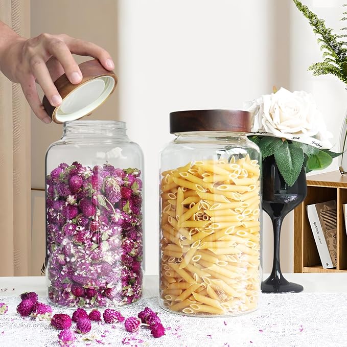 Glass Coffee Jars Spice Jar Round Storage Canister with Wooden Lid Clear Glass Food Jar for Pantry Sugar Tea Coffee Bean Spice Nuts Cookies Bath Salts (2300ml/77oz-2PACK(with spoon)