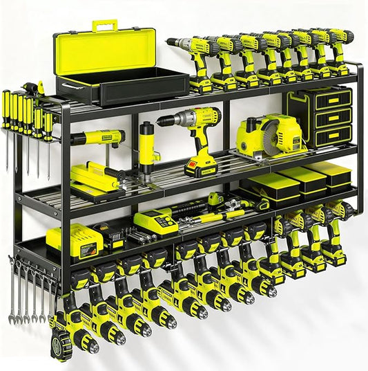 49" Heavy Duty Wall Mount Power Tool Organizer, 4-Tier Storage Rack with 12 Drill Holders & Battery Shelves, 600LBS Capacity for Garage Workshop