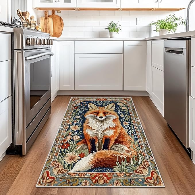 3x5 Fox Area Rugs Boho Floral Flower Rug for Bathroom Kitchen Entryway Indoor Soft Non-Slip Thin Hippie Carpet Small Doormat for Office Dining Room Under Table Washable Machine
