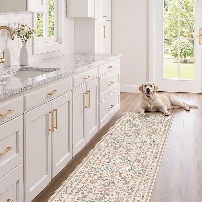 Runner Rug for Hallways Kitchen: 2x6 Washable Area Rug Boho Floral Soft Long Rug - Non-Slip Low Pile Throw Indoor Carpet for Entryway Kitchen Bedroom Laundry Bathroom - Pink