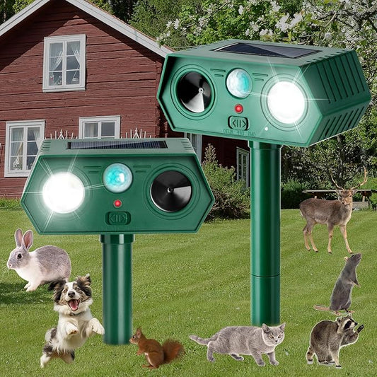 2Pack 2025 Ultrasonic Animal Repellent Outdoor Deer Repellent Devices Solar Animal Repeller Motion Activated Deterrent to Scare Cat Squirrel Rabbit Raccoon Skunk with LED Flash Lights for Yard Lawn