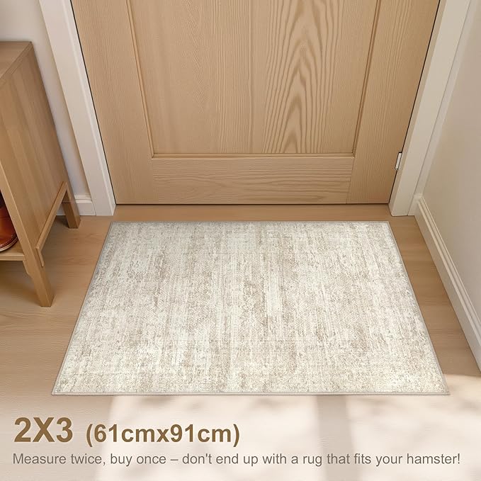 2x3 Entryway Area Rug: Washable Neutral Modern Abstract Small Rug - Non-Slip Low Pile Throw Indoor Carpet for Entrance Kitchen Front Door Mat Bathroom Entry Kids Room - Dark Brown - Beige/Brown