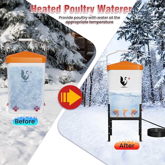 Heated Chicken Waterer, 3.2 Gallon Chickens Poultry Waterer with Nipples, Height Adjustable & Detachable Stand, All-Season Chicken Coop Waterers, Chicken Water Heater (12L, Orange Cover)