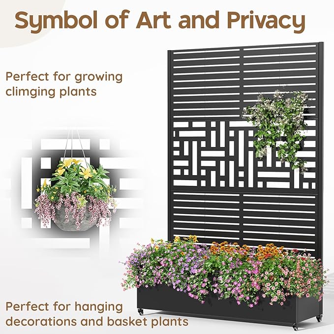 Metal Planter with Trellis& Wheels 72" x 47"x 15.7" Raised Garden Bed with Trellis,Privacy Planters for Patio,Garden Bed for Climbing Plants,Suitable for Climbing Plants and Vegetables,Black
