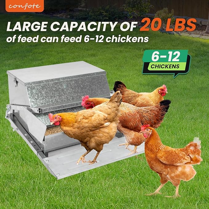 Confote Large Automatic Chicken Feeder Box 20 lbs Galvanized Metal Feed Chicken Feeder Sturdy Galvanized Steel Poultry Feeders - No Spill with Weatherproof Lid for 6-12 Chickens