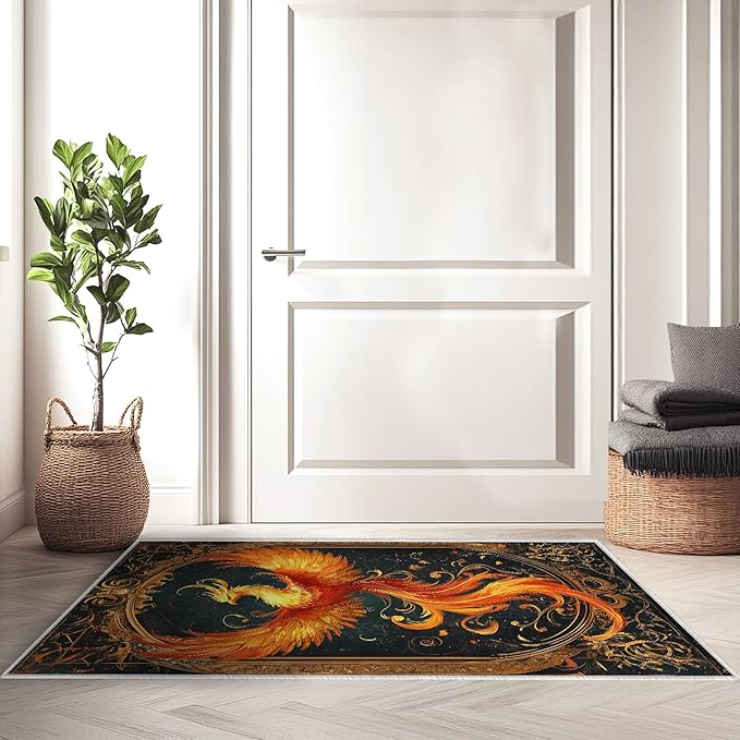 2x3 Phoenix Area Rugs Boho Vintage Phoenix Rug for Bathroom Kitchen Entryway Indoor Soft Non-Slip Thin Hippie Carpet Small Doormat for Office Dining Room Under Table Washable Machine