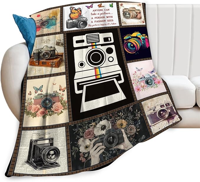 Retro Camera Fleece Blanket Photography Throw Blankets for Girls Boys Super Soft Warm Flannel Vintage Throws Gifts for Men Women Cozy Fuzzy Plush Stuffed Couch Bed Bedding Decor 80"X60"