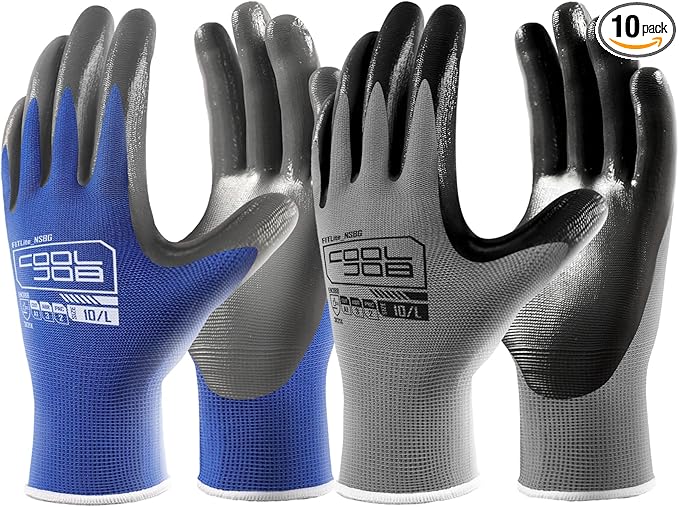 COOLJOB 10 Pairs Nitrile Dipped Safety Work Gloves with Grip, Non-slip Rubber Coated Bulk Garden Gloves for Men, Heavy-duty Oil Resistant for Truck Driver, Warehouse Box Handler, Xlarge, Gray Blue