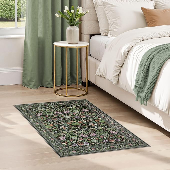 2x3 Area Rug Living Room Rugs - Washable Boho Vintage Floral Large Soft Non Slip Thin Rug Low Pile Carpet for Bedroom Dining Room Kids Playroom Office Decor Indoor- Green Dark