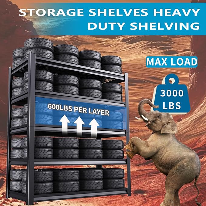 81''H/45''W Garage Shelving Heavy Duty 5-Tier Adjustable Storage Shelves Unit,3000 LBS Metal Utility Rack Shelf for Industries, Warehouses, Basement,Black (81'H x 45.7''W x 21''D)