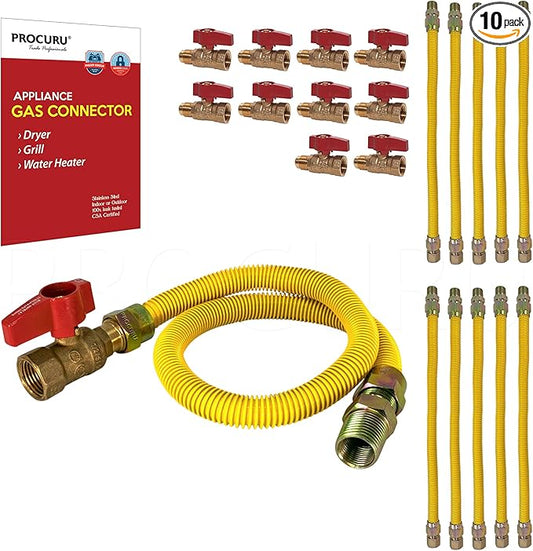 [10-Pack] PROCURU Wholesale 1/2" OD x 24" (2Ft) x 1/2"MIP x 1/2" Straight Valve Flexible Gas Connector, Yellow-Coated Stainless Steel Tubing for Dryer, Grill, Water Heater (Red-6G1224-SV-10P)