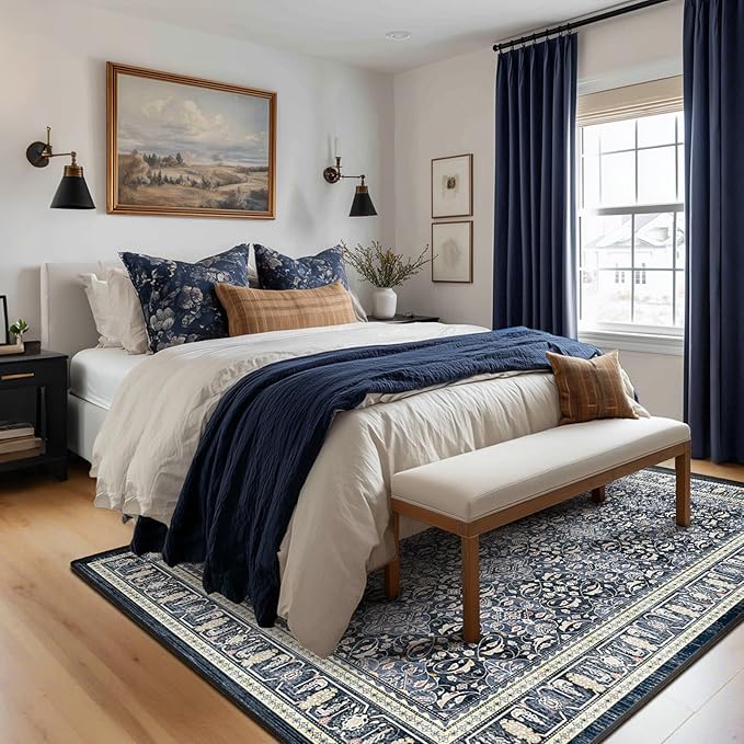 Dark Blue Area Rug 6x9, Boho Floral Moroccan Trellis Printed Transitional Style Rugs for Living Room Bedroom, Washable Non Slip Low Pile Thin Carpet Rug for Dining Room Guest Room Home Office