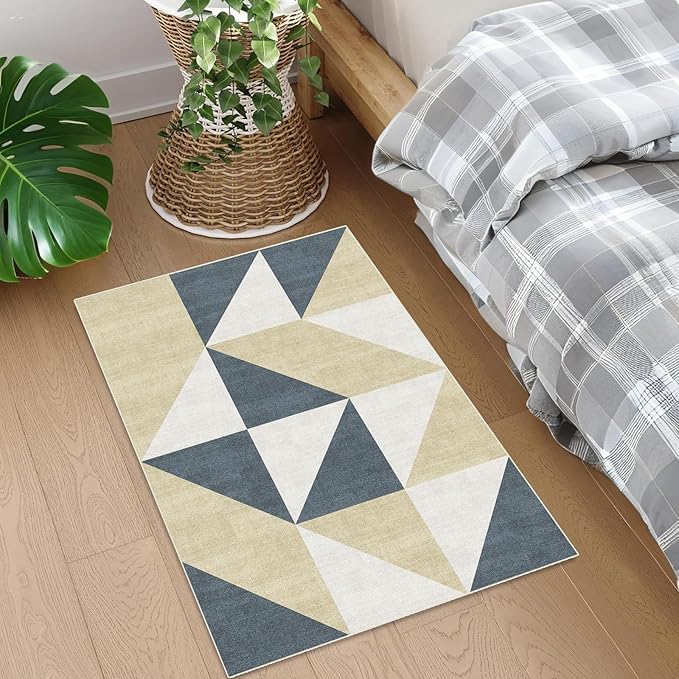 2x3 Washable Area Rugs Geometric Abstract Small Carpet Blue and Gold Doormat for Entryway Bathroom Living Room Bedroom Washing Room Non Slip