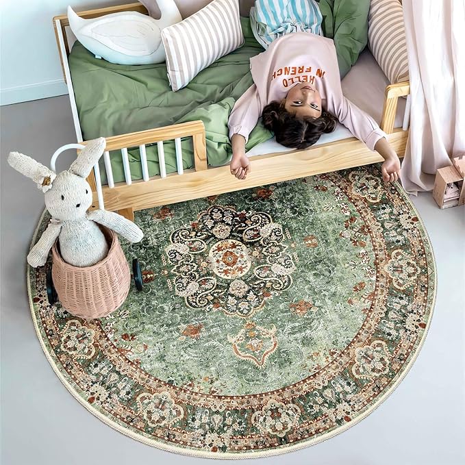 Green Round Rug 4ft,Circle Washable Area Rugs for Bedroom Bathroom Entryway,Boho Vintage Bohemian Distressed Oriental Floral Carpet Non Slip,Sage