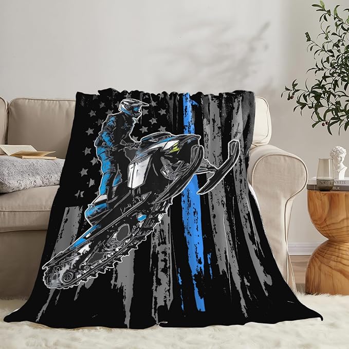 Snowmobile Blanket Gifts for Girls Boys Skiing Sports Throw Blankets Cozy Plush Fleece America Flag Flannel Fuzzy for Men Women 80"X60"