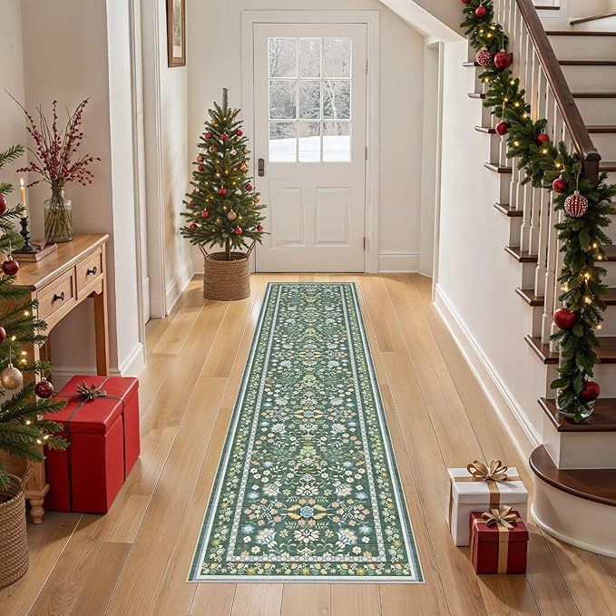 Runner Rug for Hallways Kitchen: 2x8 Washable Area Rug Boho Floral Soft Long Rug - Non-Slip Low Pile Throw Indoor Carpet for Entryway Kitchen Bedroom Laundry Bathroom - Green