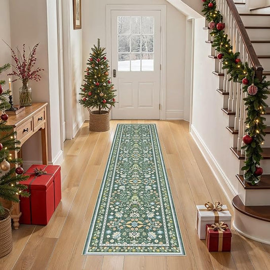 Runner Rug for Hallways Kitchen: 2x8 Washable Area Rug Boho Floral Soft Long Rug - Non-Slip Low Pile Throw Indoor Carpet for Entryway Kitchen Bedroom Laundry Bathroom - Green