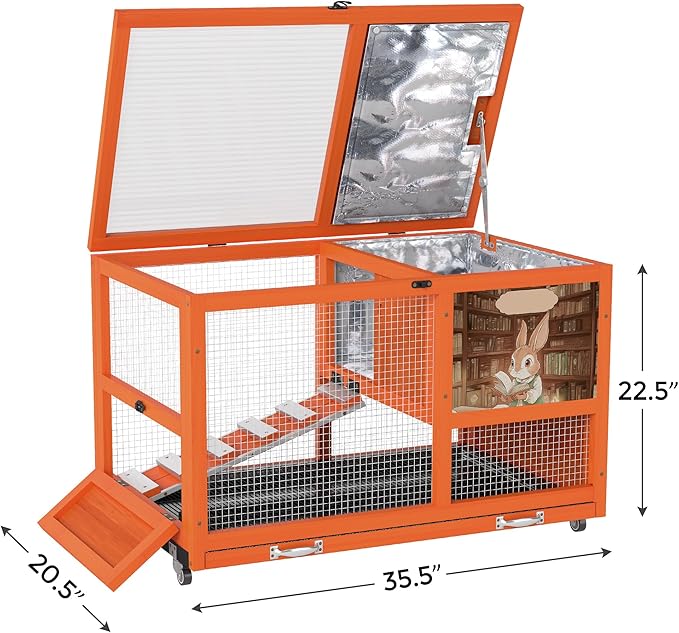 COZIWOW 36.5-Inch Double-Decker Wooden Insulated Rabbit Hutch with Wheels, Heated Rabbit Cage Featuring A Cleaning Tray and Ladder—Stylish&Easy to Assemble（Orange and Warm）