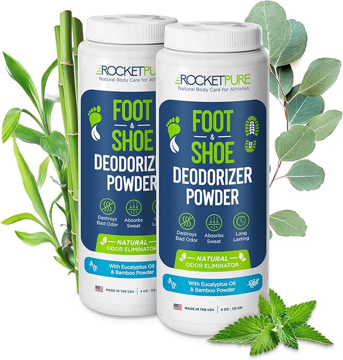 Rocket Pure Natural Foot & Shoe Deodorizer Powder - Eucalyptus Foot & Shoe Powder Odor Control - Removes, Controls & Prevents Odors - Made with Essential Oils - Made in USA (4oz, 2-Pack)