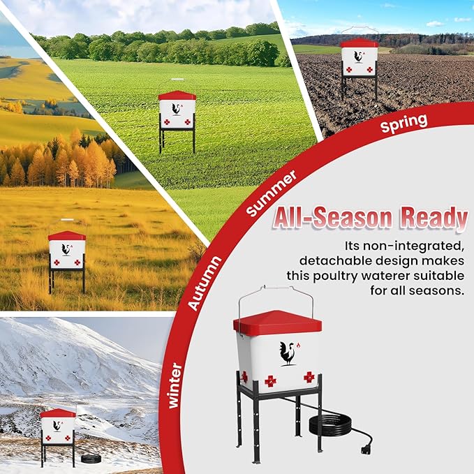 Heated Chicken Waterer, 1.8 Gallon Chickens Poultry Waterer with Nipples, Height Adjustable & Detachable Stand, All-Season Chicken Coop Waterers, Chicken Water Heater (7L, Red Cover)