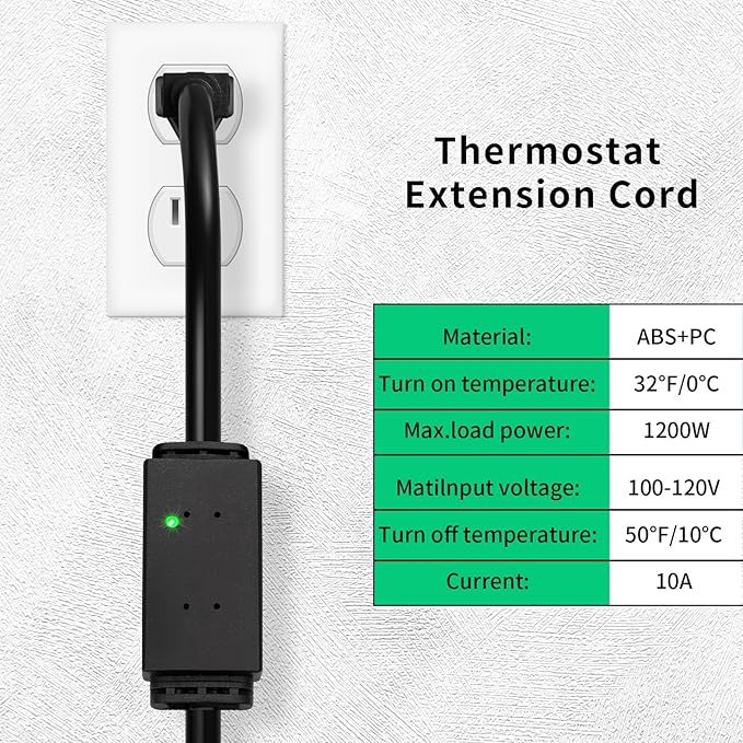 Thermostat Controlled Extension Cord - On at 32°F/Off at 50 °F, Thermostat Controlled Outlet No Need to Close Manually, for Chicken Water Coop Heater Heated Water Bowl Bird Bath Deicer Roof Cable