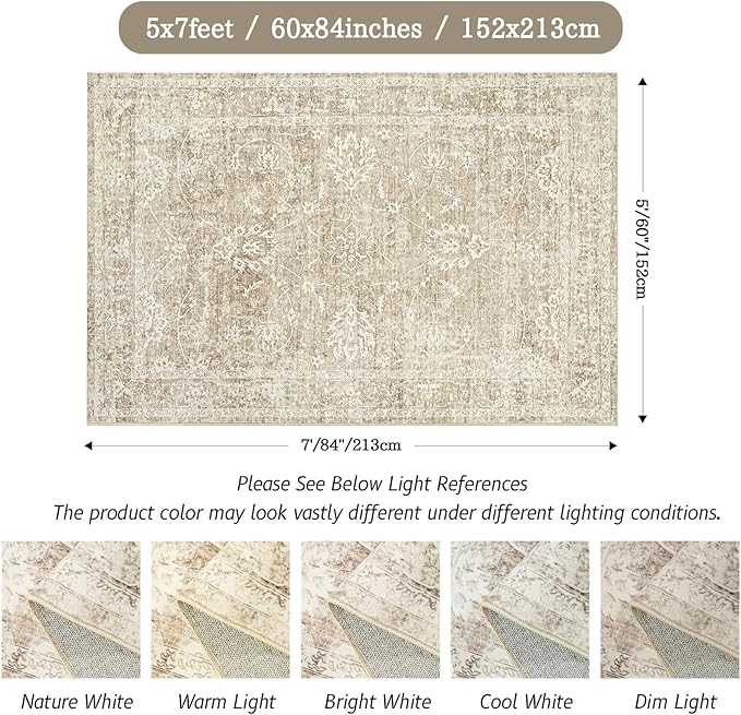 Madane 5x7 Area Rugs for Living Room, Washable Vintage Natural Rug with Non-Slip Backing, Soft Floral Print Throw Rugs Floor Low Pile Carpet for Bedroom Dining Room Farmhouse (5 x 7, Brown/Sand)