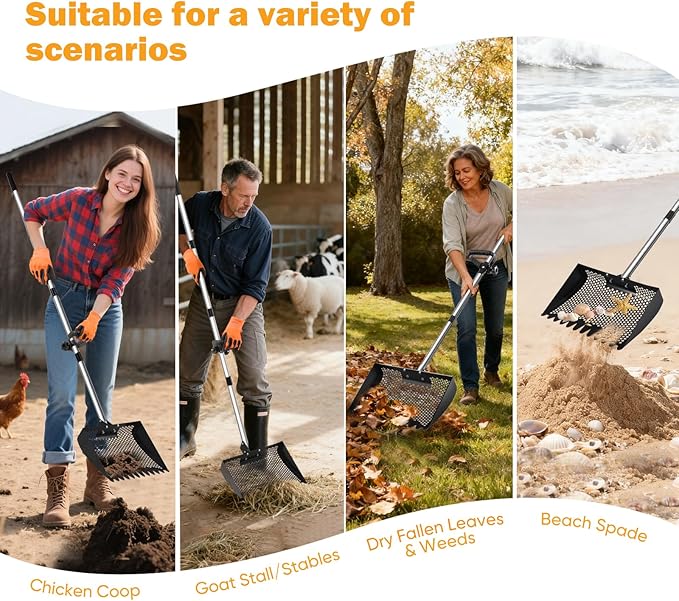 12inch Chicken Poop Scooper & Rake 2-in-1, Heavy Duty Metal Chicken Coop Scoop for Sand with Ergonomic Grip, Adjustable Angle Stainless Steel Chicken Coop Rake Litter Sifting Shovel (37-64")