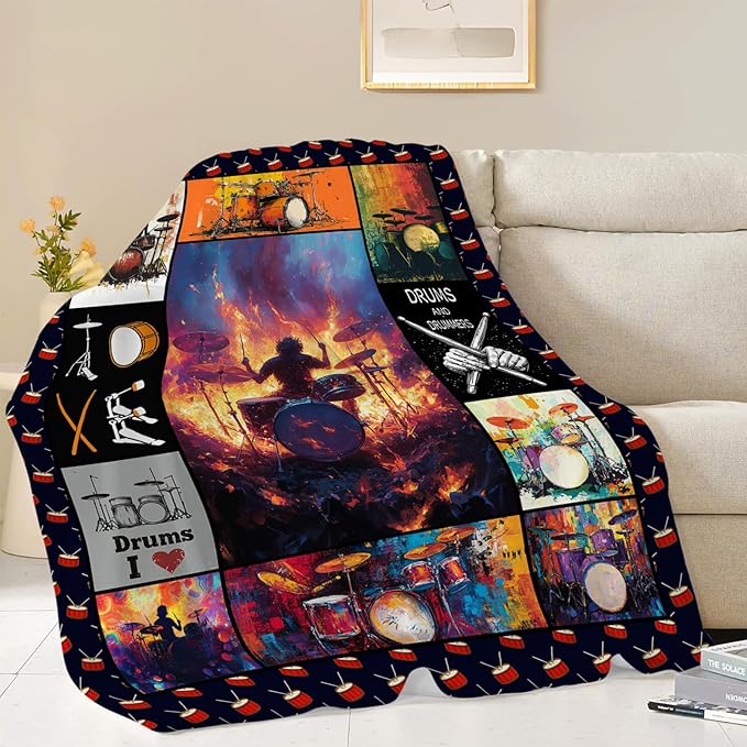 Music Blanket,Drums Set Throw Blanket, Rock Music Gifts Blankets Stuff Fleece Flannel Plush for Girls Women Men Boys Lovers Adults Soft Bedding Gift for Sofa Bed Office Home Decor 80"x60"