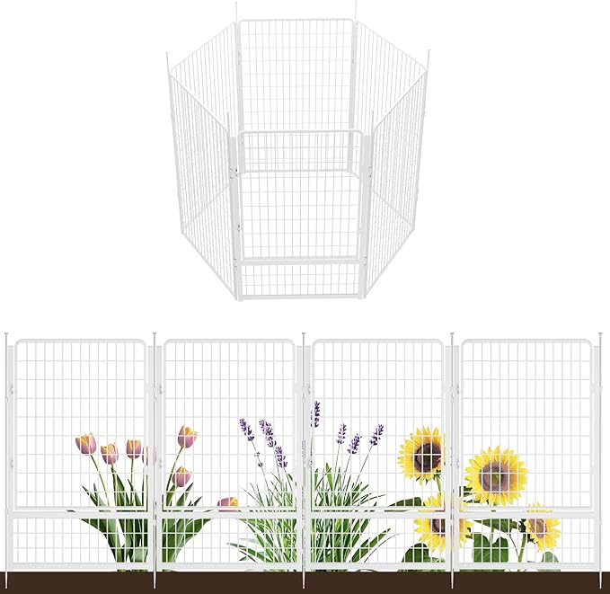 Garden Fence with Gate 50 in(H) x 15.4 ft(L) 6 Panels, Heavy Duty Metal Animal Barrier for Dog and Rabbit, Outdoor Fencing, Easy Set Up, White