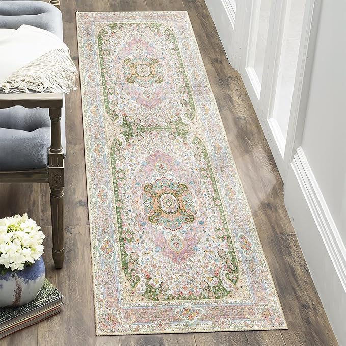 Washable Runner Rug 2x6,Pink Rug Runners Non Slip,Long Boho Rugs for Hallways Kitchen Bedroom Entryway Living Room Bathroom,Vintage Bohemian Distressed Floor Carpet,Blush Green