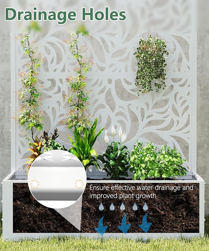 2PCS Metal Planter Box with Trellis,70.9"x47.2"x15.7" Raised Garden Bed with Drainage Holes, Privacy Planters for Outdoor Garden Bed for Climbing Plants,Vegetables,and Vines, White-Flower