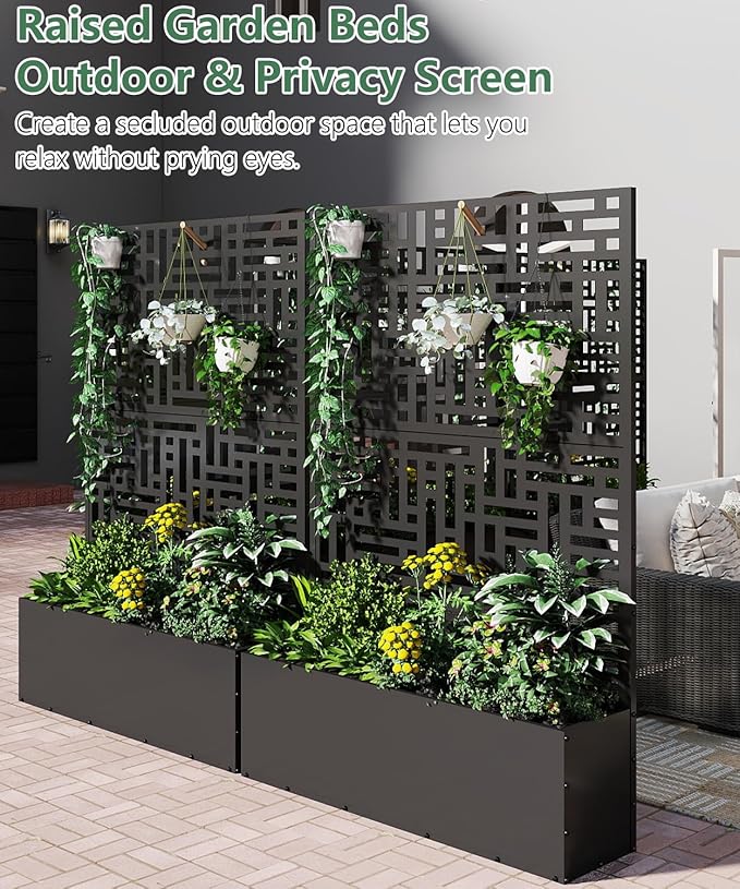 Metal Planter Box with Trellis,70.9"x47.2"x15.7" Raised Garden Bed with Drainage Holes, Privacy Planters for Outdoor Garden Bed for Climbing Plants,Vegetables,and Vines,2PCS,Black-Modular