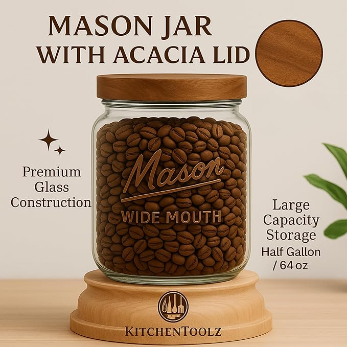 kitchentoolz Large Mason Jars with Lids – 64 oz Mason Jars Wide Mouth, 1/2 Gallon Glass Jar with Lid for Pantry Storage, Canning, Flour, Dry Goods – 2 Pack