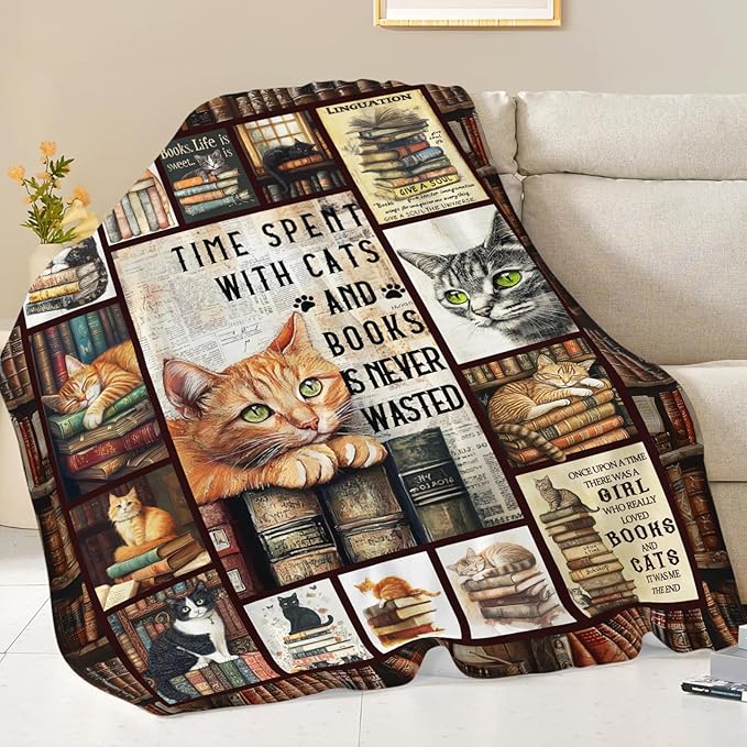 Dynova Cat Blanket Cozy Plush Book Throw Blankets Cozy Plush Cats Books Lovers Gifts Fuzzy Flannel Fleece for Women Men Girls Boys 60"X50"