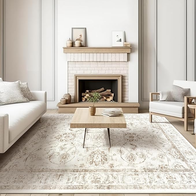 Madane 9x12 Area Rugs for Living Room, Machine Washable Rug with Non-Slip Backing, Soft Vintage Large Area Rug, Floral Print Floor Carpet for Bedroom Dining Room (9 x 12, Brown/Ivory)
