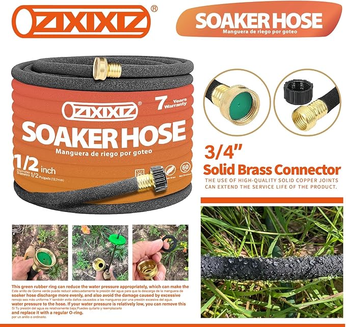 50FT Heavy-Duty 1/2 Inch Soaker Hose with 3/4 Inch Solid Brass Connector - Leakproof Garden Watering System for Gardens, Lawns, Flower & Vegetable Beds