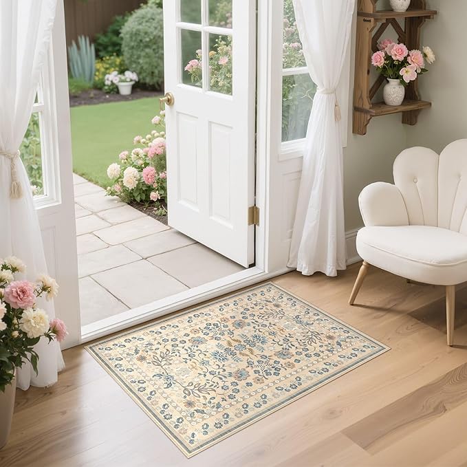 Door Mat Entrance Rug: 2x3 Washable Area Rug Boho Floral Small Rug - Non-Slip Low Pile Throw Indoor Carpet for Entryway Kitchen Front Door Bathroom Entry Kids Room - Multi Color
