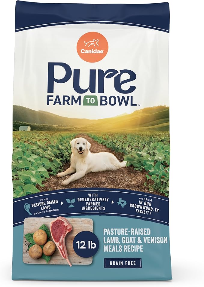 Canidae Pure Farm to Bowl Pasture-Raised Lamb with Goat & Venison Meals, Adult, Grain-Free Dry Dog Food, 12lb