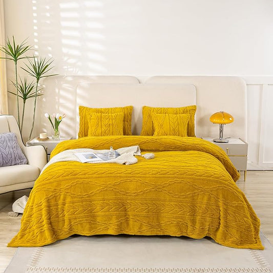 YUSOKI Sherpa Queen Size Blanket(Without Pillows)-3D Stylish Design Super Soft Blankets for Teen Girls Women Couch Bed Sofa Chair Men Boys Gift(Mustard Yellow,90"x90")