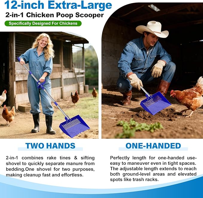 12-Inch 2-in-1 Chicken Poop Scooper & Rake, Chicken Coop Scoop with Adjustable Stainless Steel Handle （24–64"）, 3 Angles & 2 Sifting Holes, Litter Scoop Sand Sifting Shovel Pooper Scooper (Blue)