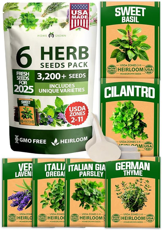 HOME GROWN 6 Herb Seeds for Planting 3,200+ Non-GMO Heirloom Seeds | Extra Large Variety Pack Herb Kit – Indoor Outdoor & Hydroponic | Culinary Seed Set | Grow Your Own Herbs | Gift for Beginners