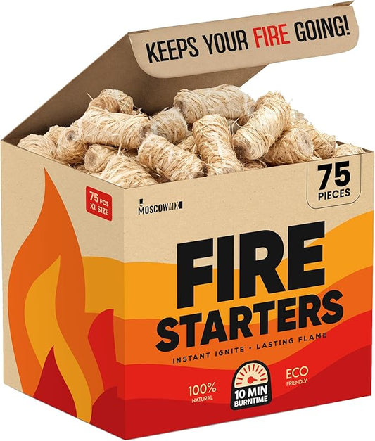 Moscow-Mix Fire Starter (75 PCS) Natural Fire Starters for Campfires, Fireplace, Charcoal Starter for Grill, BBQ, Wood Stove, Fire Pits - Odorless, Non-Toxic, Waterproof Natural Pine Wood Starters