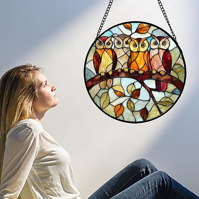 Stained Glass Window Hanging, 4 Owls on a Branch Sun Catcher for Door Home Decor White Brown Bird Suncatcher Christmas Mother's Day Birthday Gifts for Women Men Mom and Nana 15 in