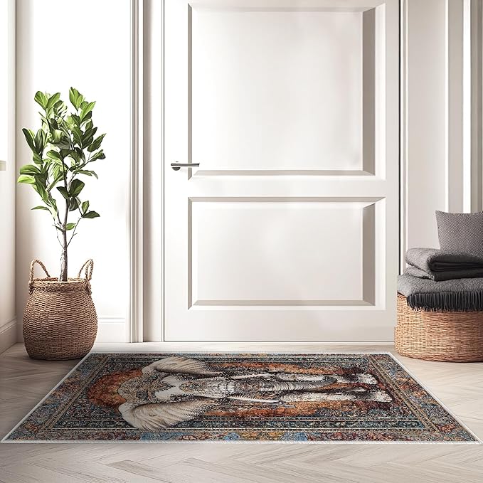 2x3 Elephant Area Rugs Boho Elephant Rug for Bathroom Kitchen Entryway Indoor Soft Non-Slip Thin Hippie Carpet Vintage Small Brown Doormat for Office Dining Room Under Table Washable Machine