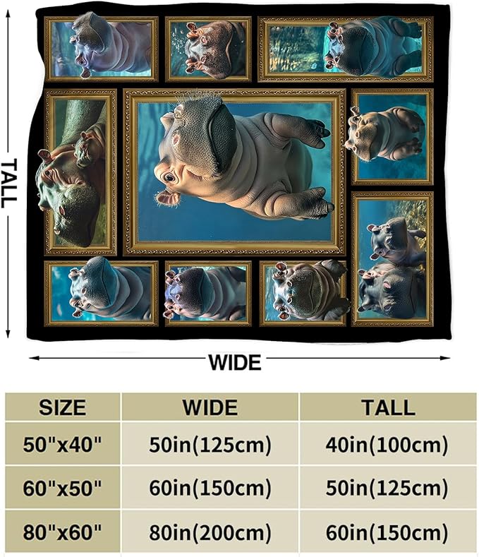 Hippo Throw Blanket Ultra Soft Cozy Cute Fleece Fuzzy Plush Lovers Decor Gifts for Women Girls Adults Couch Sofa 80"x60"