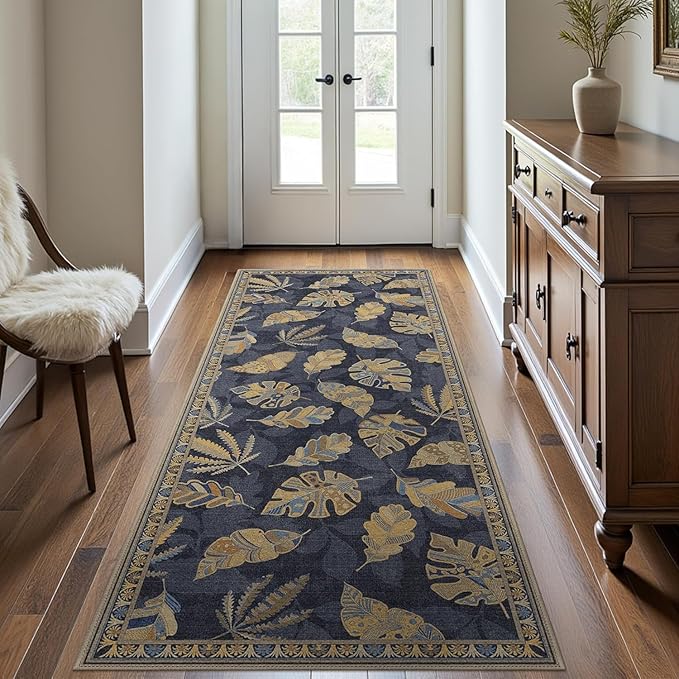 GENIMO Runner Rug 2x7 Non Slip Machine Washable Hallway Runner Rug, Low Pile Lightweight Rugs for Entryway, Hallway, Kitchen and Corridor, Leafy Twilight